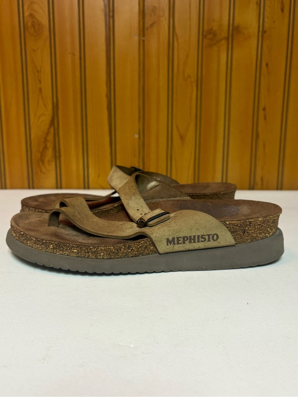 Mephisto Taupe Nubuck Cork-Top Slide Sandals